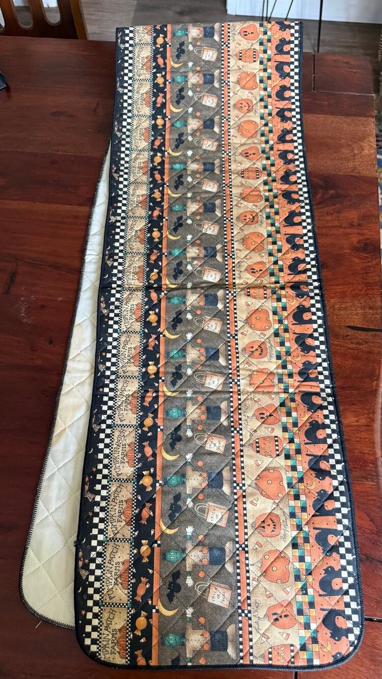 VTG 90s Debbie Mumm Halloween Cloth Table Runner Cat Frankenstein Pumpkin 71 in